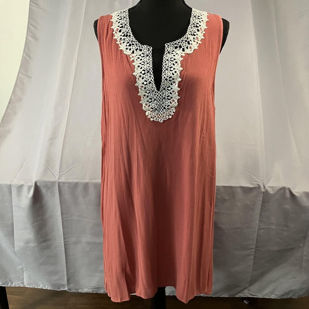 2 Hearts Dress Womens Large Pink Sleeveless Lace Trim Boho Tank Casual USA